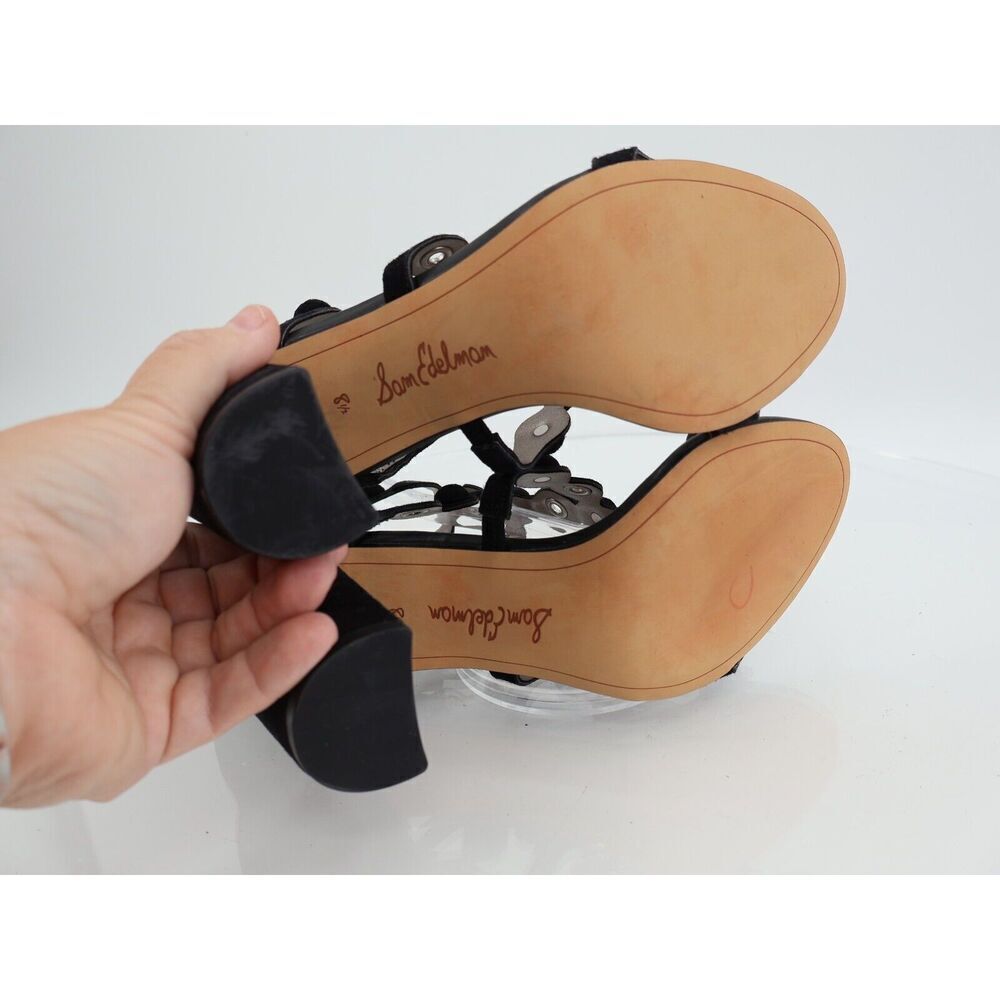 Sam Edelman Sandal Women’s 8.5 Black Suede Yuli Grommet Heel Strappy Back Zipper - Picture 9 of 11